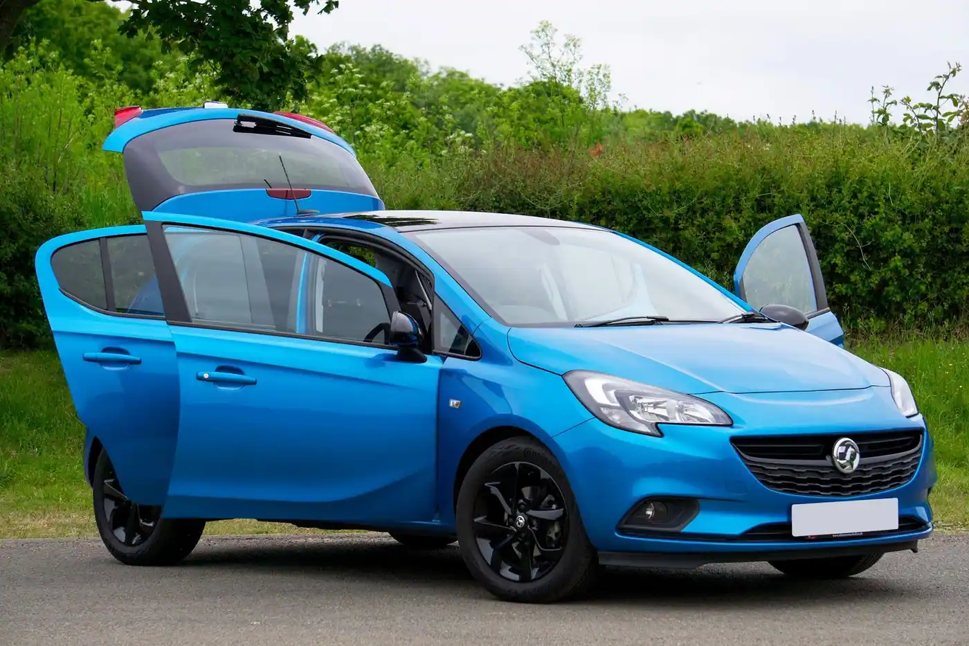 A blue car with its doors open, parked by a green roadside