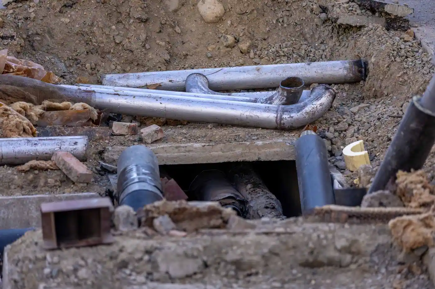 Close-up of pipe installation at a construction site with various pipes and materials