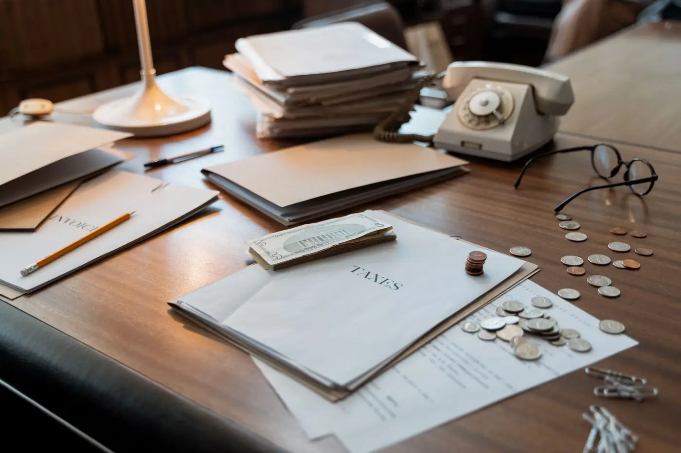 Office desk with documents, coins, glasses and an old phone.