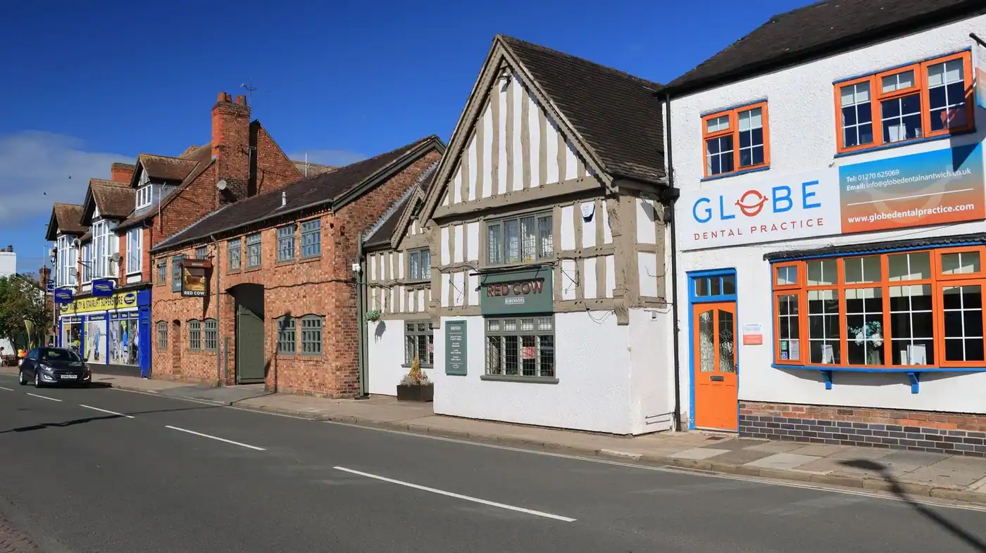A picturesque street of traditional English architecture.