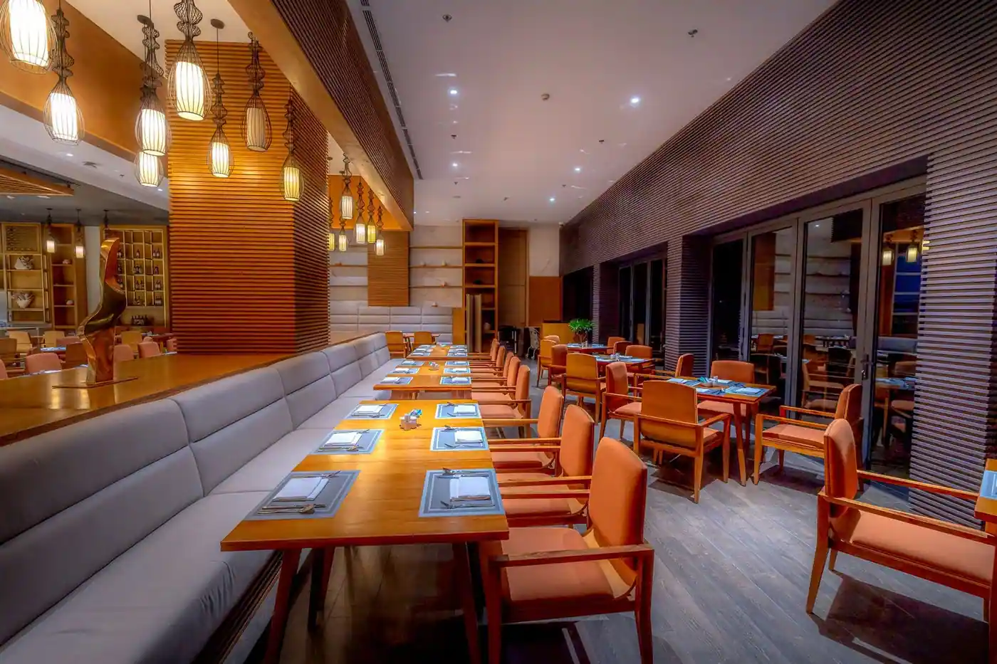 Elegant modern restaurant interior with stylish lighting and seating