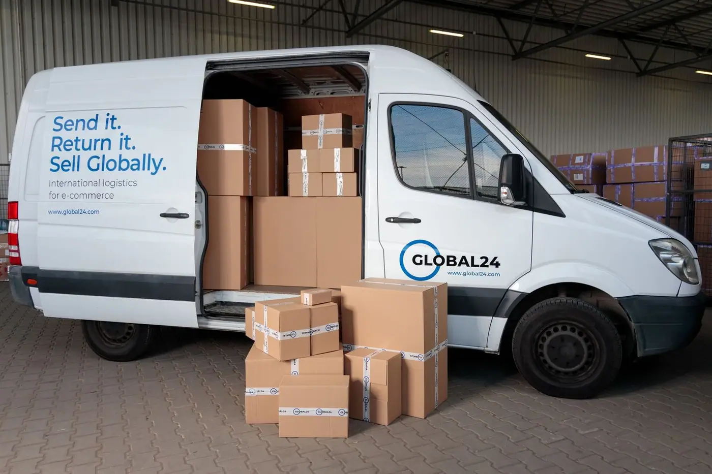 Delivery van loaded with cardboard boxes.