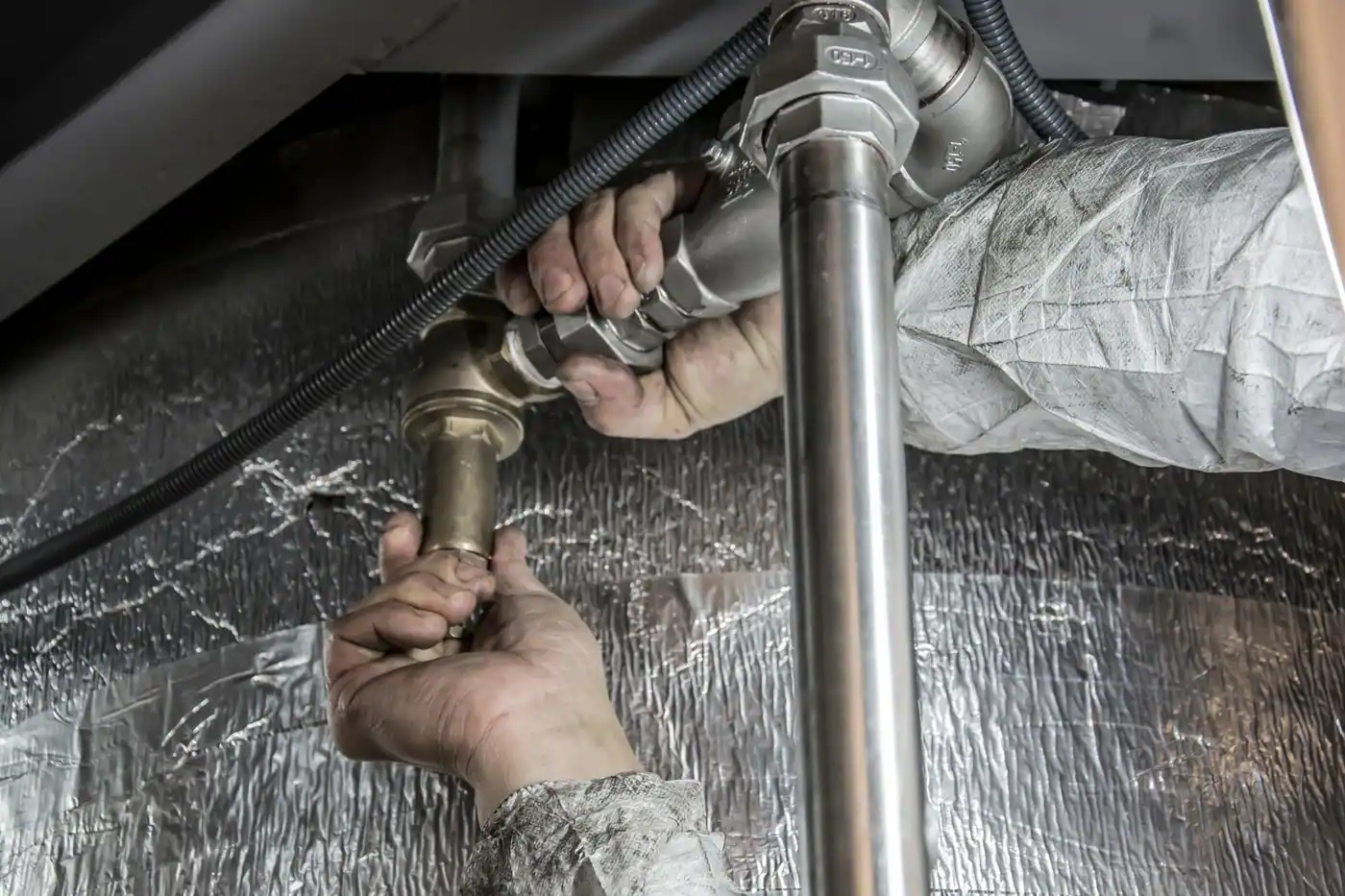 Close-up of a plumber's hands installing steel pipes indoors