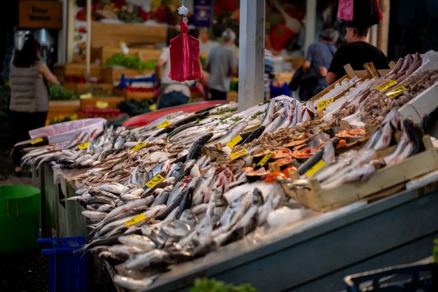 A vibrant selection of fresh seafood on display at a busy market