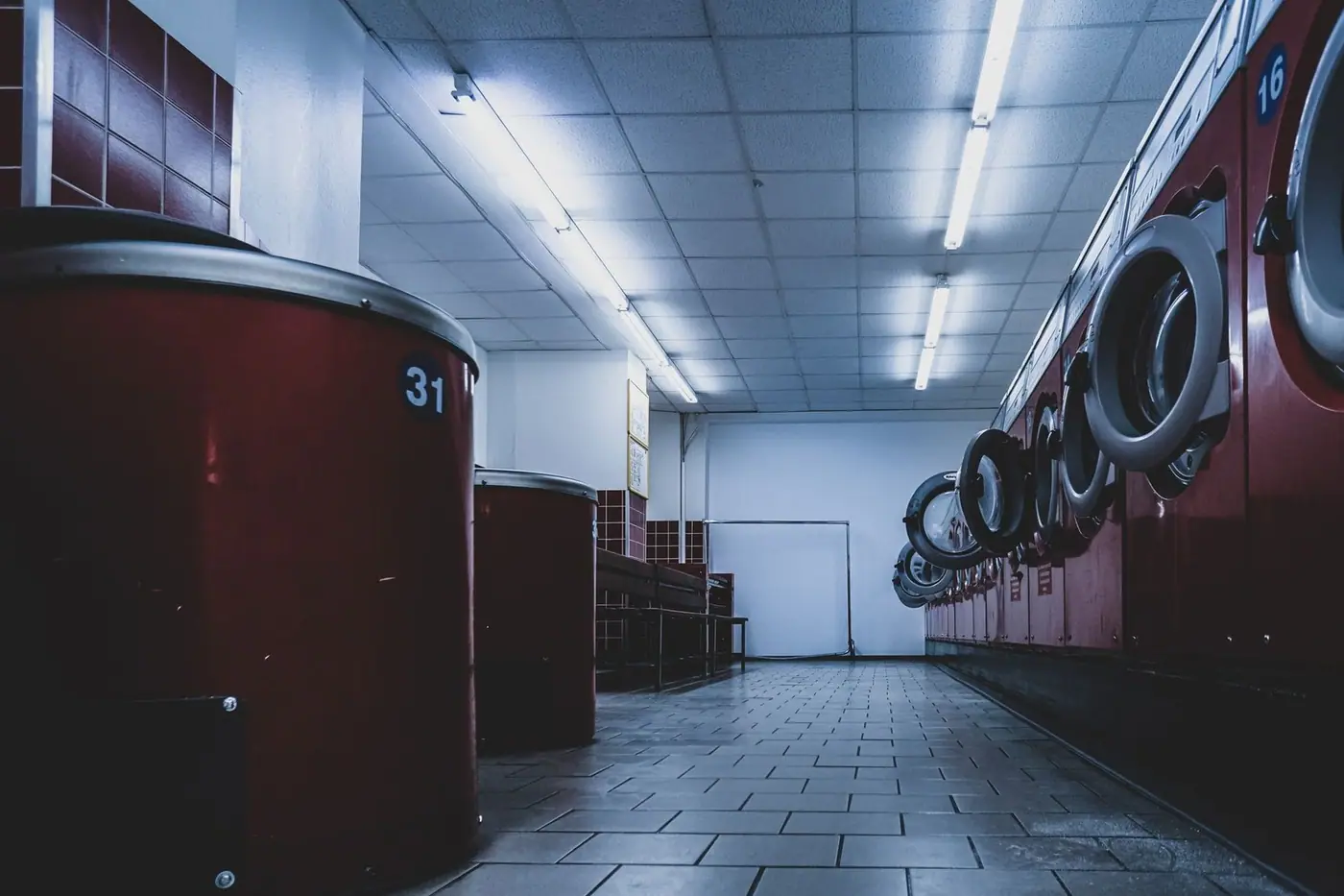 Interior of a contemporary laundromat with a row of washing machines under fluorescent lights