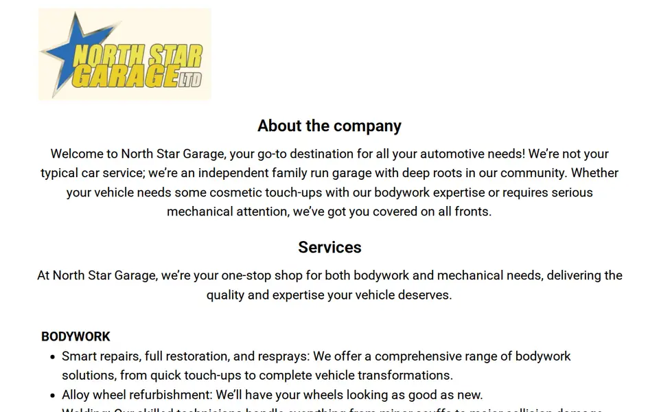 The top of northstargarage.co.uk
