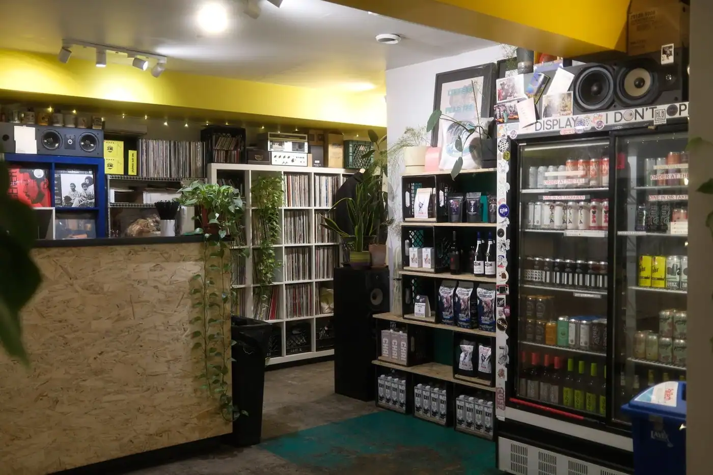 Warm, inviting record shop with a vinyl collection, drinks and plants