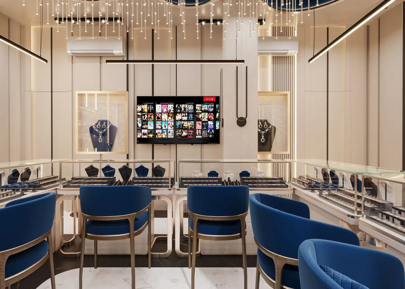 Modern jewellery store interior with elegant lighting and blue seating, with luxury items in display cases