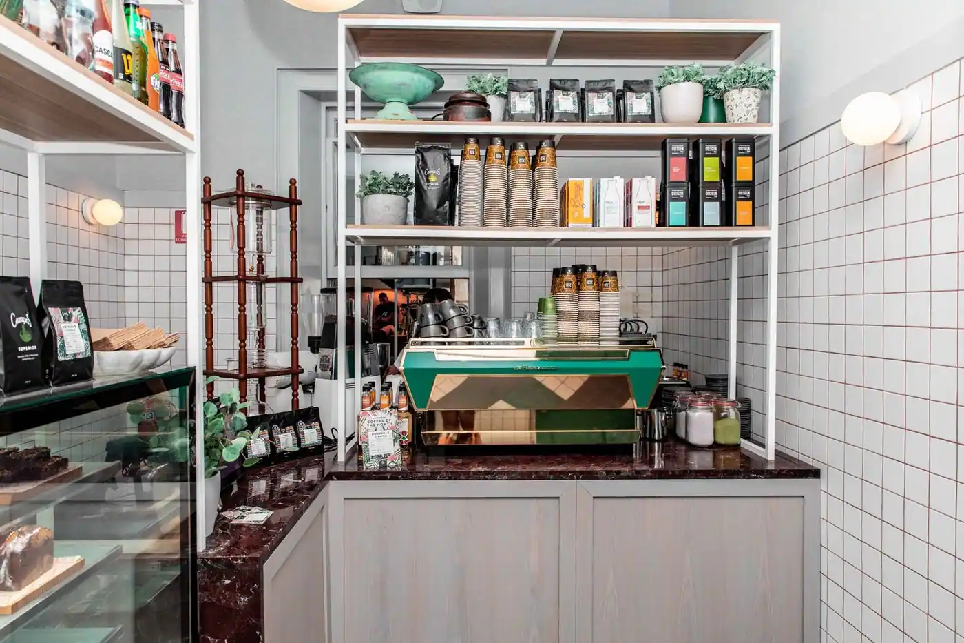A chic counter with shelves of products and a stylish modern design