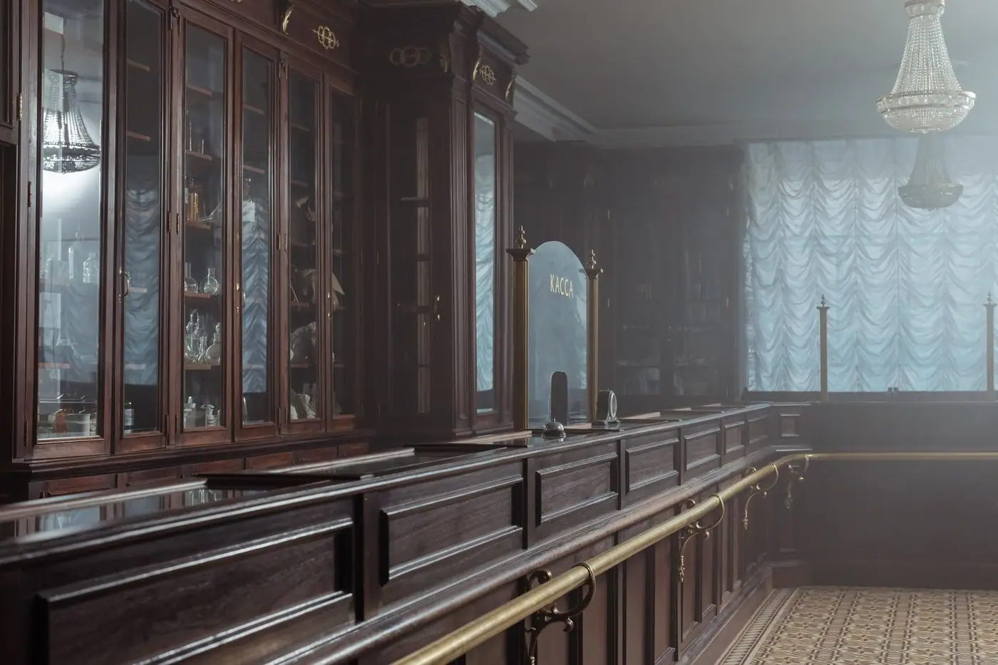 Historical pharmacy interior with vintage wooden cabinets and counters