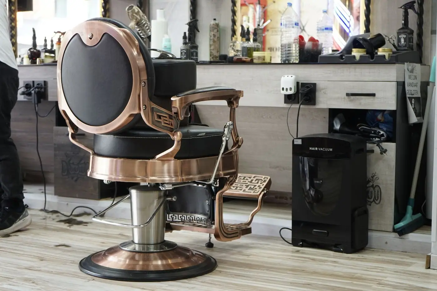 Barbershop interior with a vintage barber chair and grooming tools