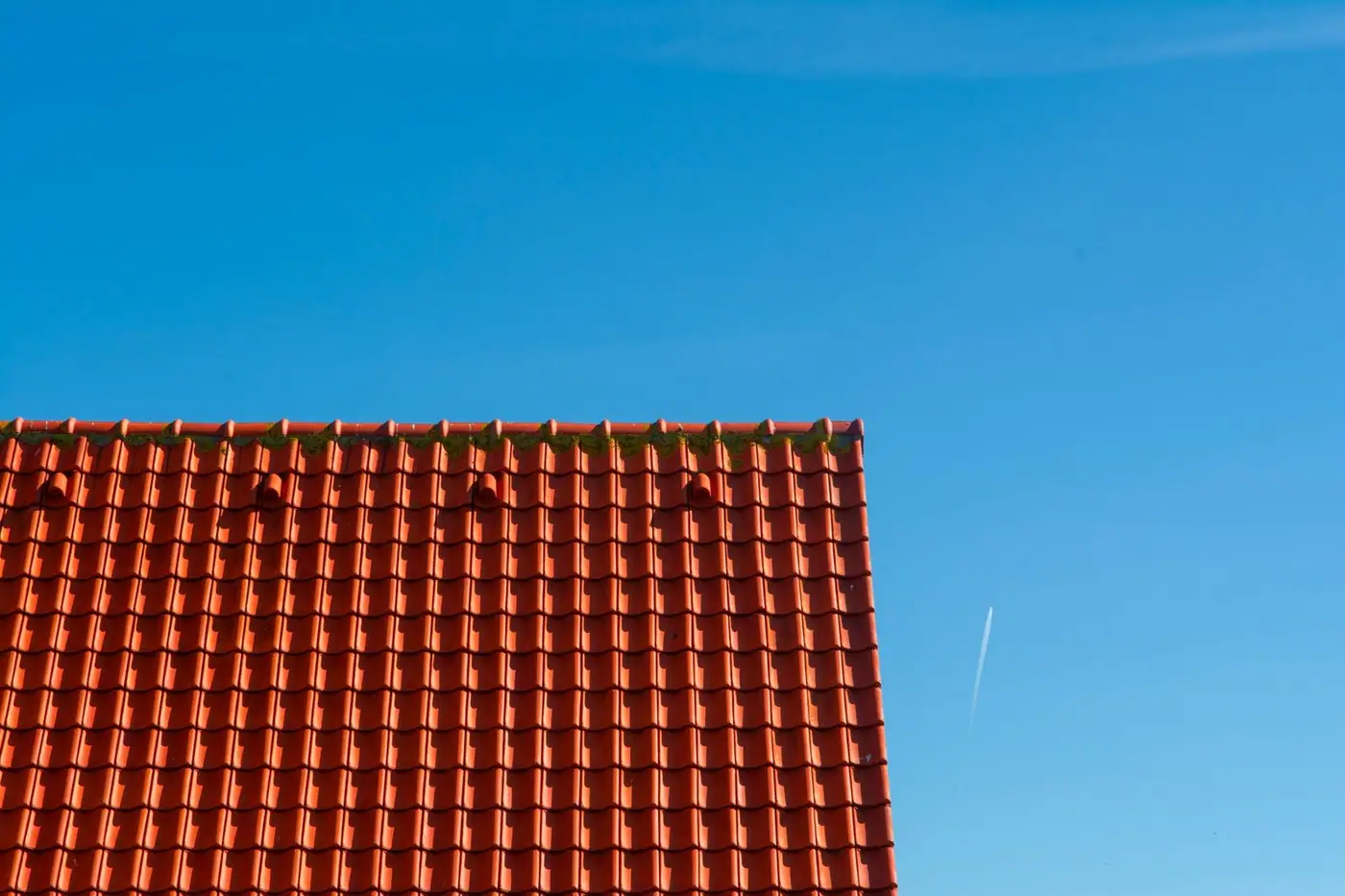Red tiled rooftop against a clear blue sky