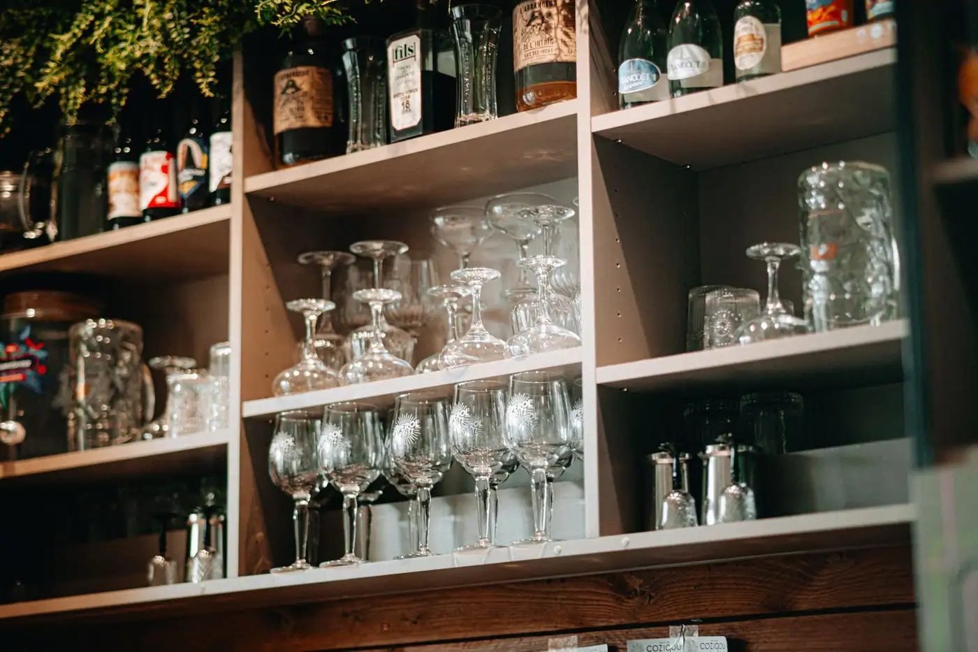 Glassware arranged neatly in a bar setting