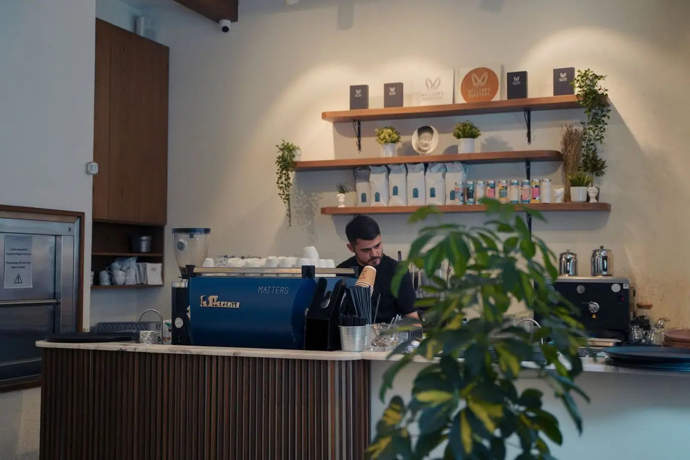 Barista at work behind a modern coffee counter