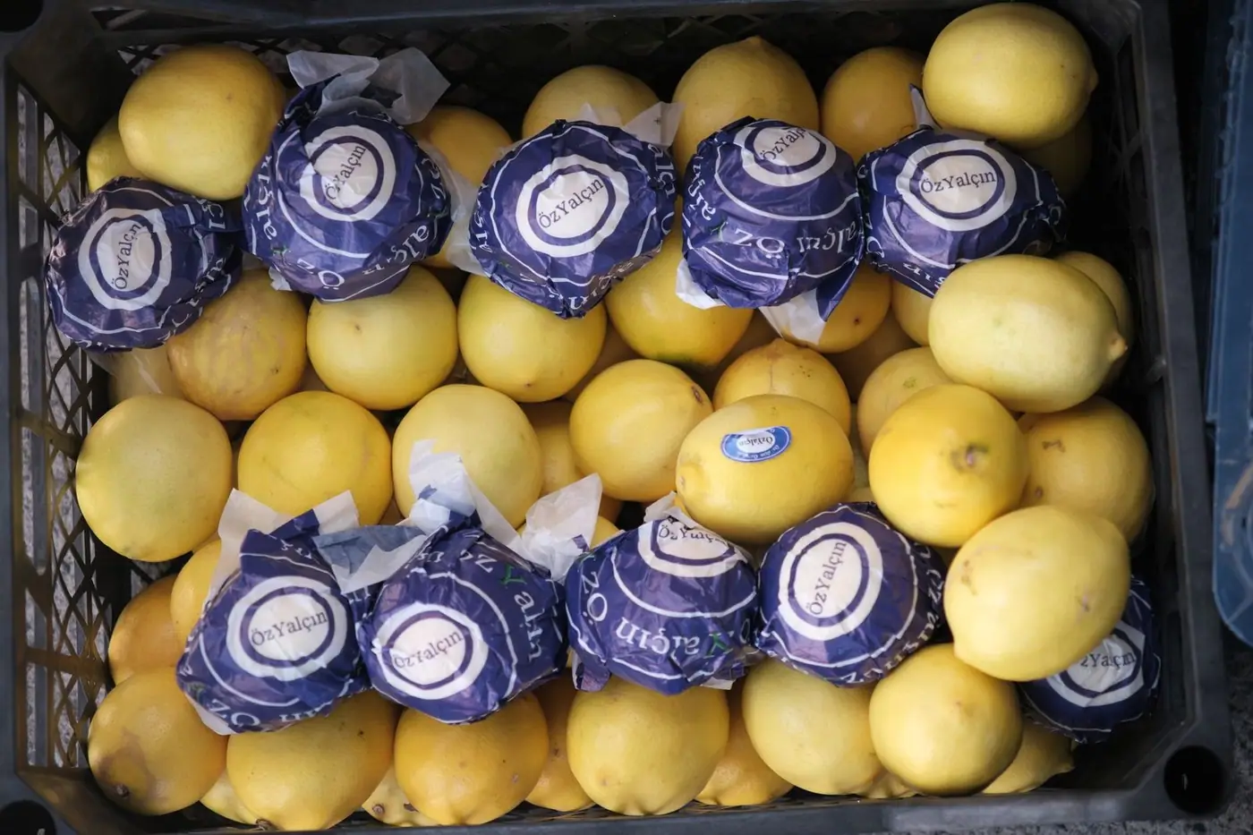 Top view of fresh lemons in a crate at a market, some of them wrapped