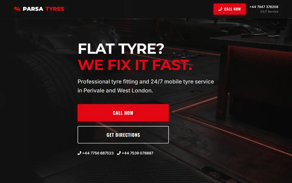 The top of parsa-tyres-website.vercel.app