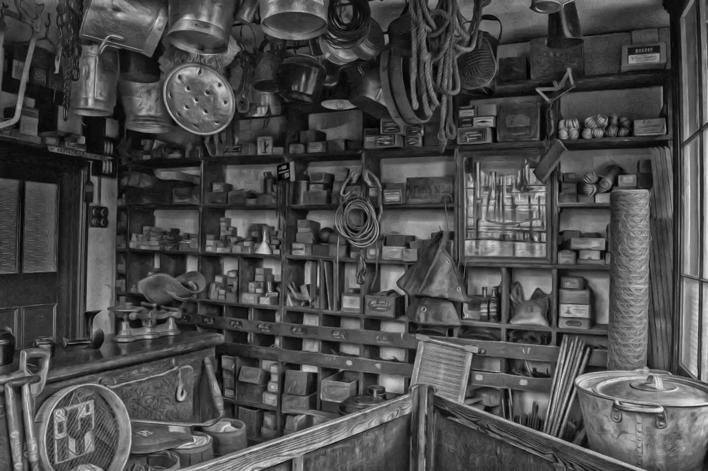Monochrome view of a vintage hardware store with assorted tools and kitchenware