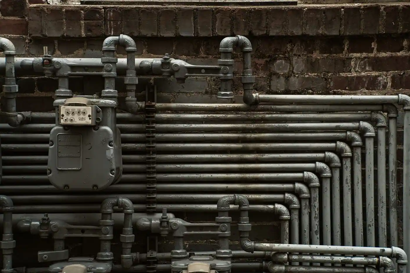 Industrial steel pipes and a gas meter on a brick wall