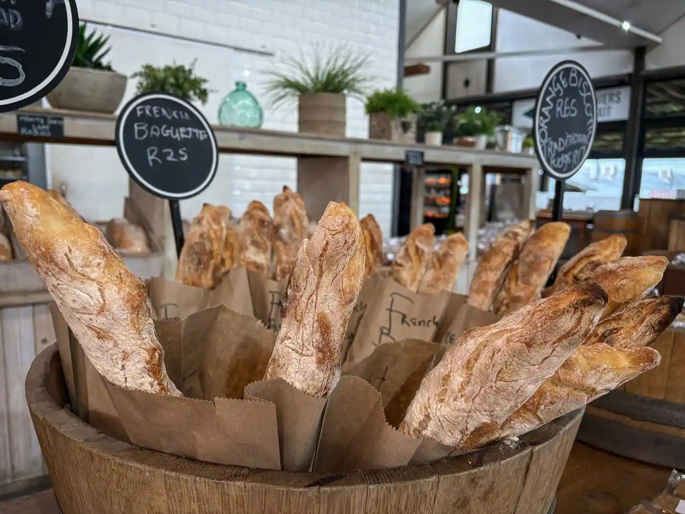 A display of freshly baked French baguettes in a rustic artisan bakery setting