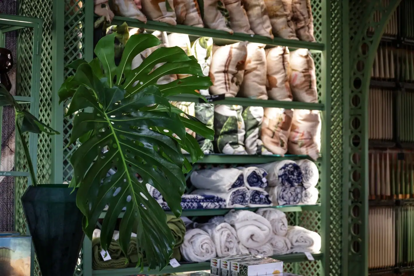 Store interior with green decor and an elegant textile display