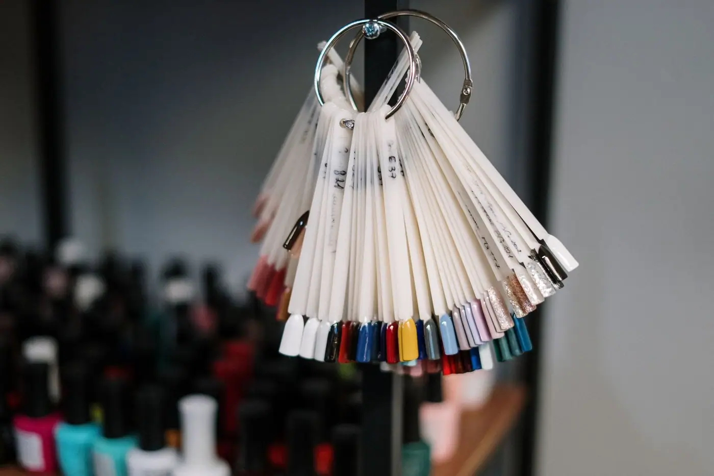 A display of nail polish swatches in a range of colours