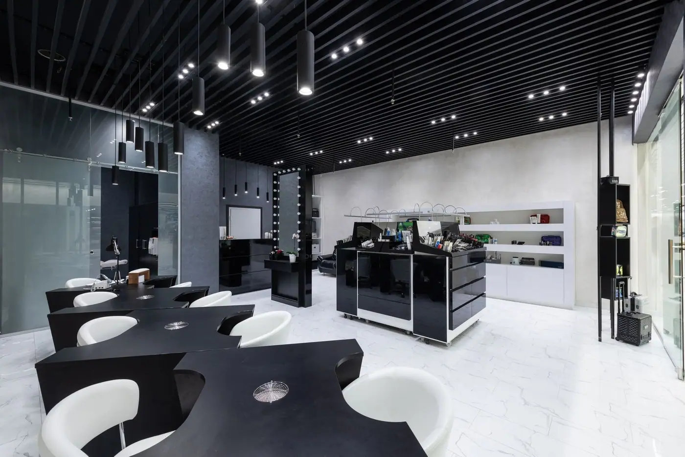 Sleek beauty salon interior with contemporary furniture and lighting design