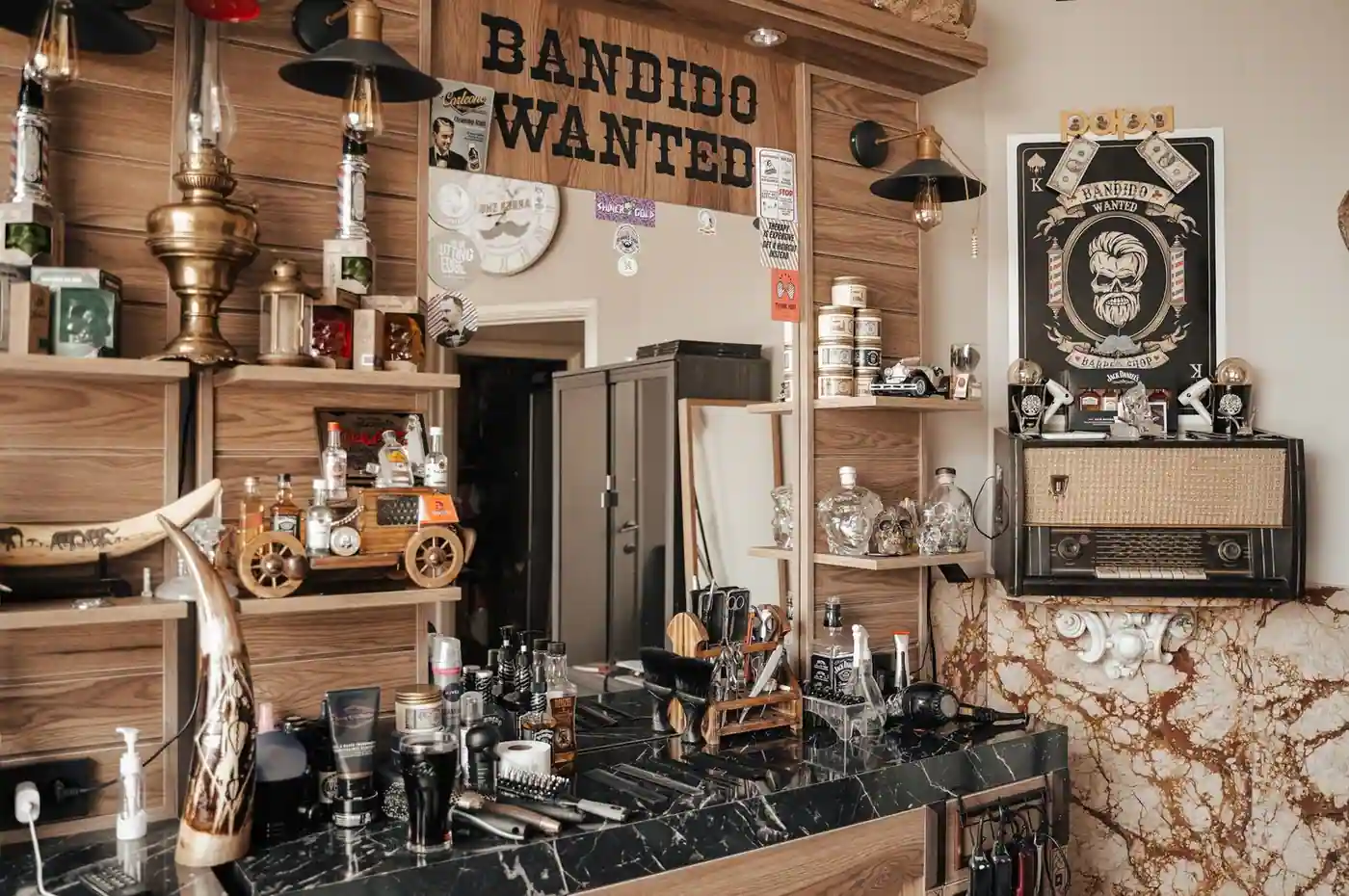 Explore a rustic and modern barber shop interior filled with unique decor elements and classic barber tools.